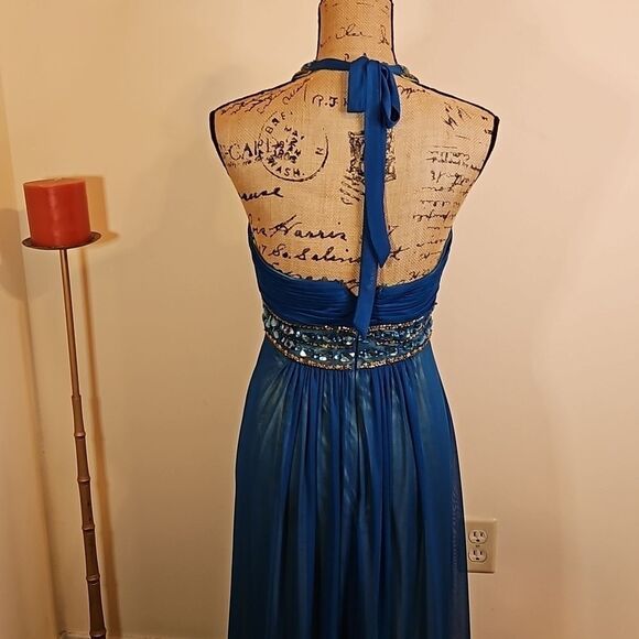 Cache Teal and lime bejeweled halter maxi gown size 4 - Picture 7 of 13